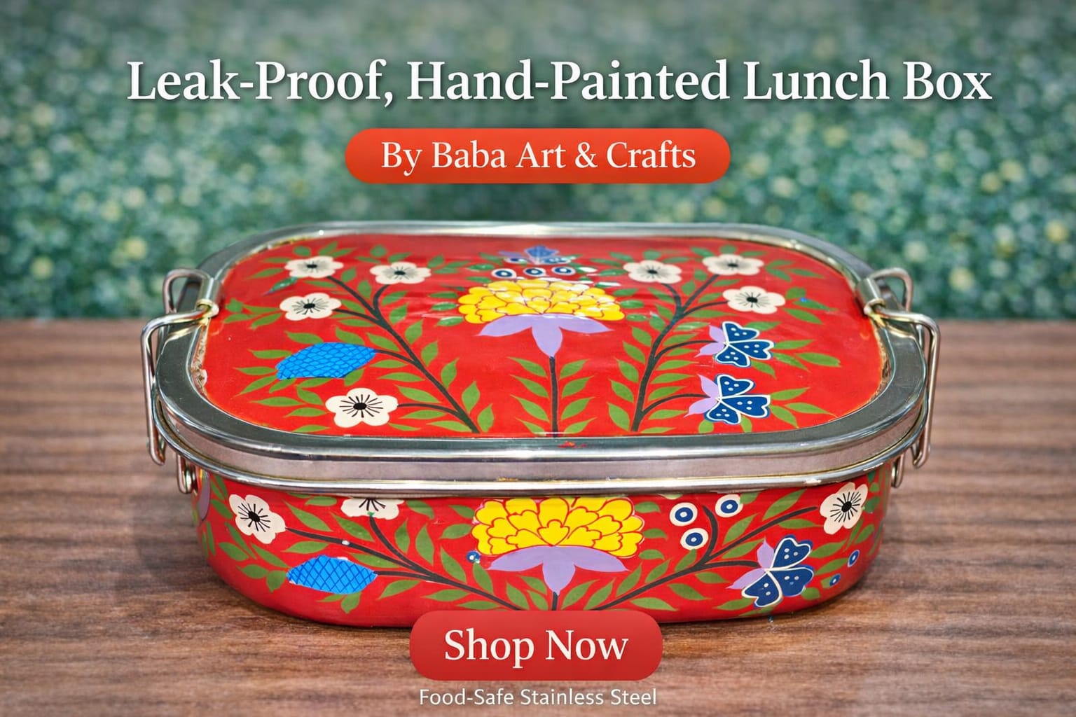 Elegant single tier rectangular stainless steel lunch box, hand-painted by Kashmiri artisans. Lead-free, leak-proof, food-safe with 1 inner tray. Single Tier Rectangular Hand-Painted Stainless Steel Lunch Box from Kashmir 